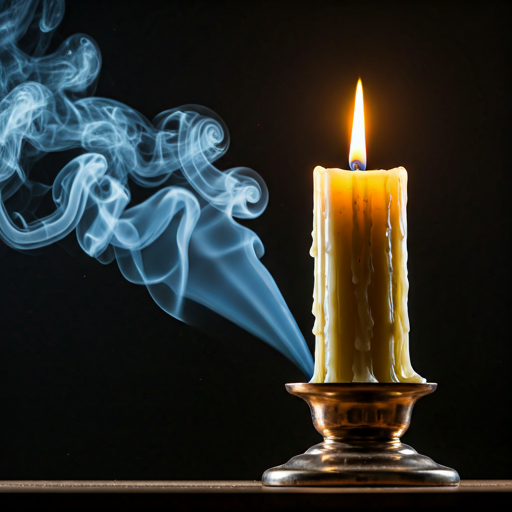 A lit candle wreathed in soft smoke
